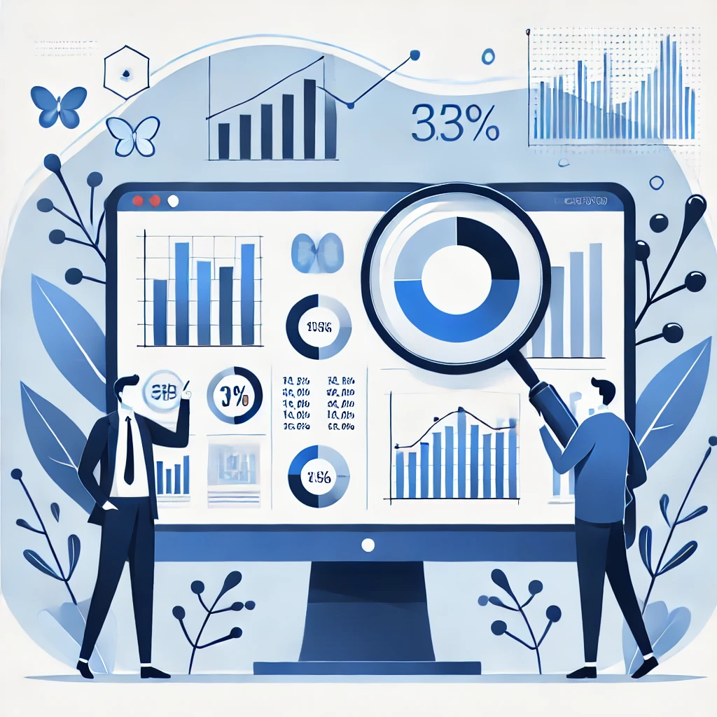 Illustration af to personer, der arbejder med en computer, der viser grafer og analyser, relateret til lokal søgning. Fokus på et moderne og professionelt design med blå nuancer og et rent layout.